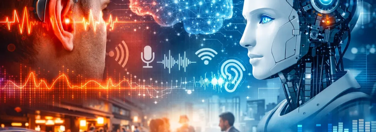 Paziente con apparecchio acustico e rappresentazione dell’Intelligenza Artificiale nella riabilitazione acustica per acufene