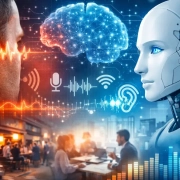 Paziente con apparecchio acustico e rappresentazione dell’Intelligenza Artificiale nella riabilitazione acustica per acufene