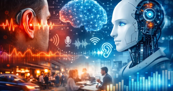 Paziente con apparecchio acustico e rappresentazione dell’Intelligenza Artificiale nella riabilitazione acustica per acufene